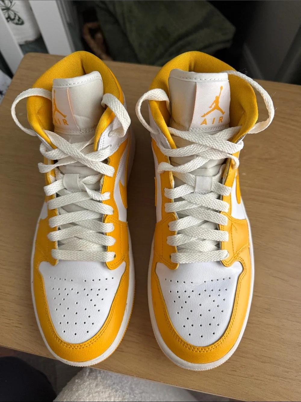 Nike Air Jordan 1 Mid White and Yellow Basketball Sneakers - Picture 3 of 7